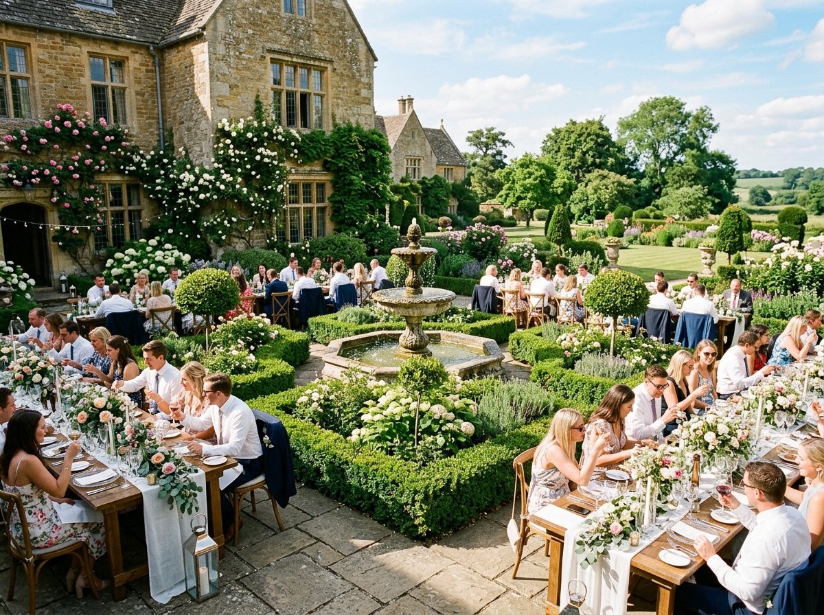 American Cuisine garden celebration with fountain terrace and bespoke canapés