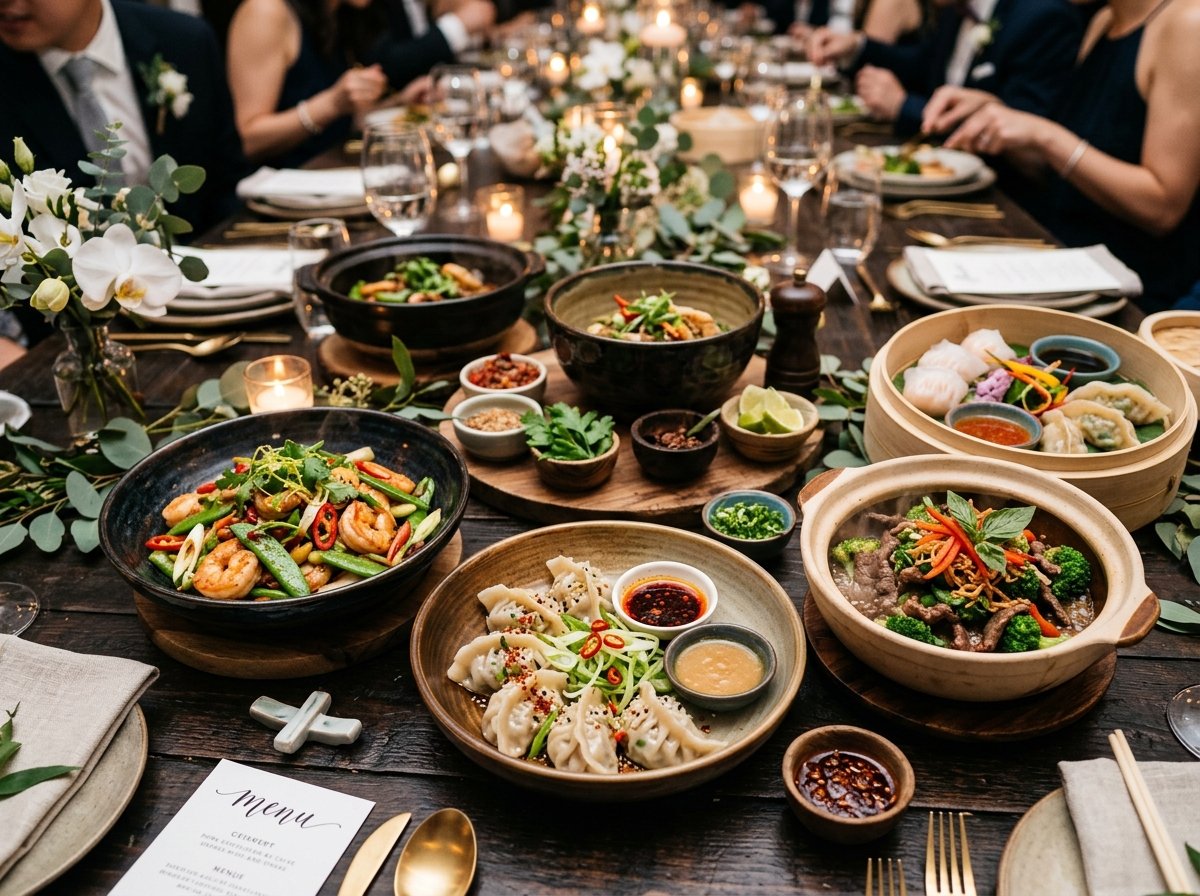 Asian Cuisine shared banquet feast with dumplings and stir-fried specialties