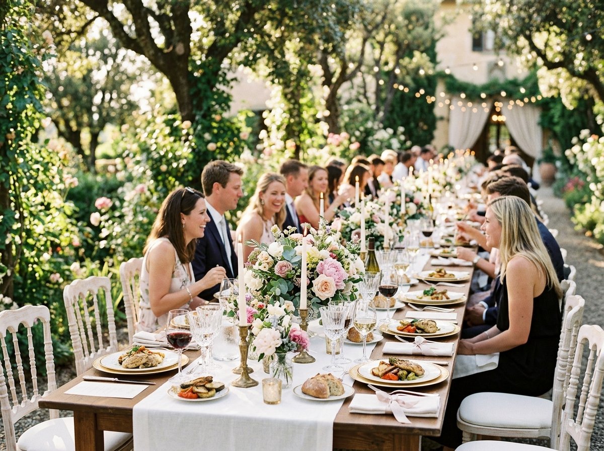 European Cuisine elegant outdoor garden banquet with fine wine and gourmet dining